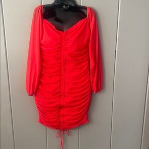 NWT Yissang Off Shoulder Drawstring Ruched Mini Bodycon Dress Red Stretchy Mesh